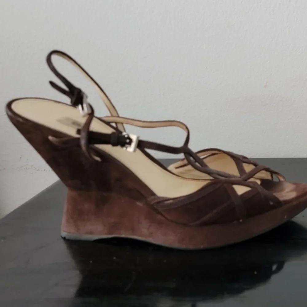 Prada Dark Brown Suede Wedge Sandals Size 37
